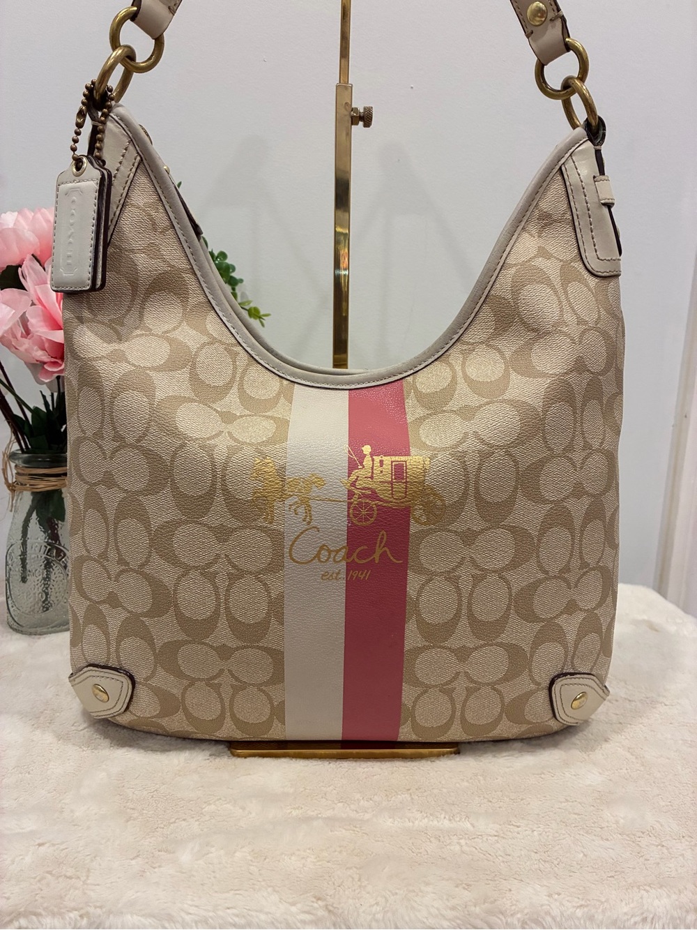 Pink Coach Heritage Signature Stripe Hobo Shoulder Bag, style K0863-13198